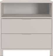 Frontansicht einer schmalen Kommode mit zwei Schubladen und einem offenen Fach in modernem Design.