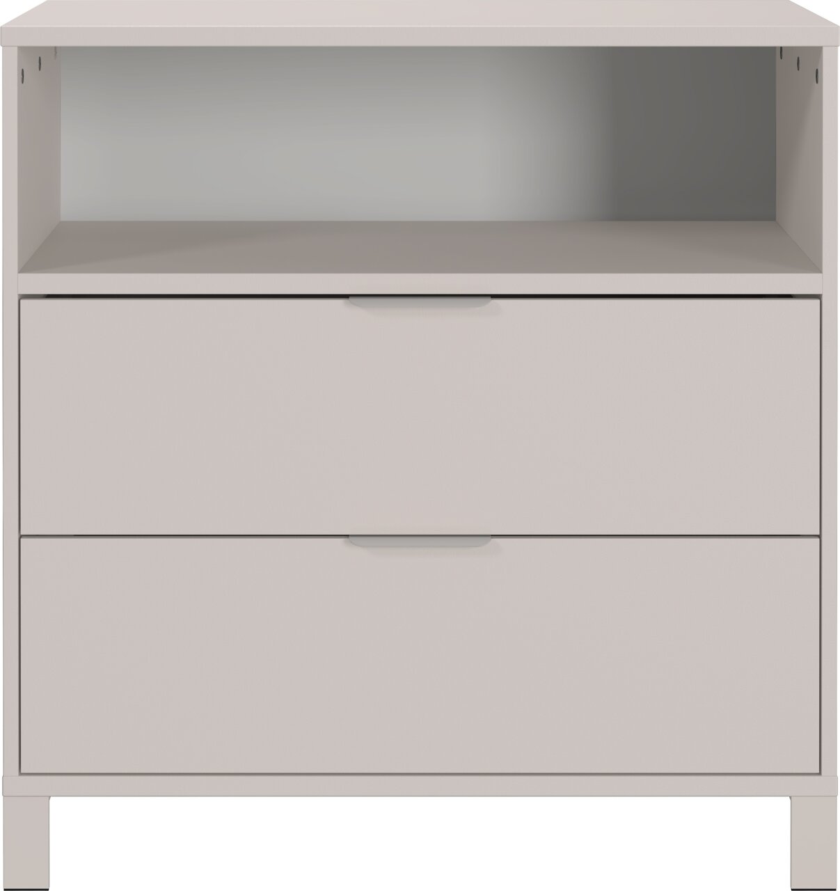 Frontansicht einer schmalen Kommode mit zwei Schubladen und einem offenen Fach in modernem Design.