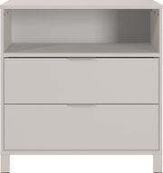 Frontansicht einer schmalen Kommode mit zwei Schubladen und einem offenen Fach in modernem Design.