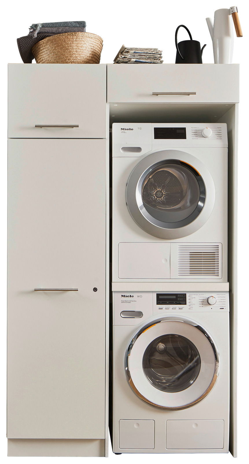 Hauswirtschaftsraum-Kombi mit Waschmaschine und Trockner von Miele, seitliche Perspektive