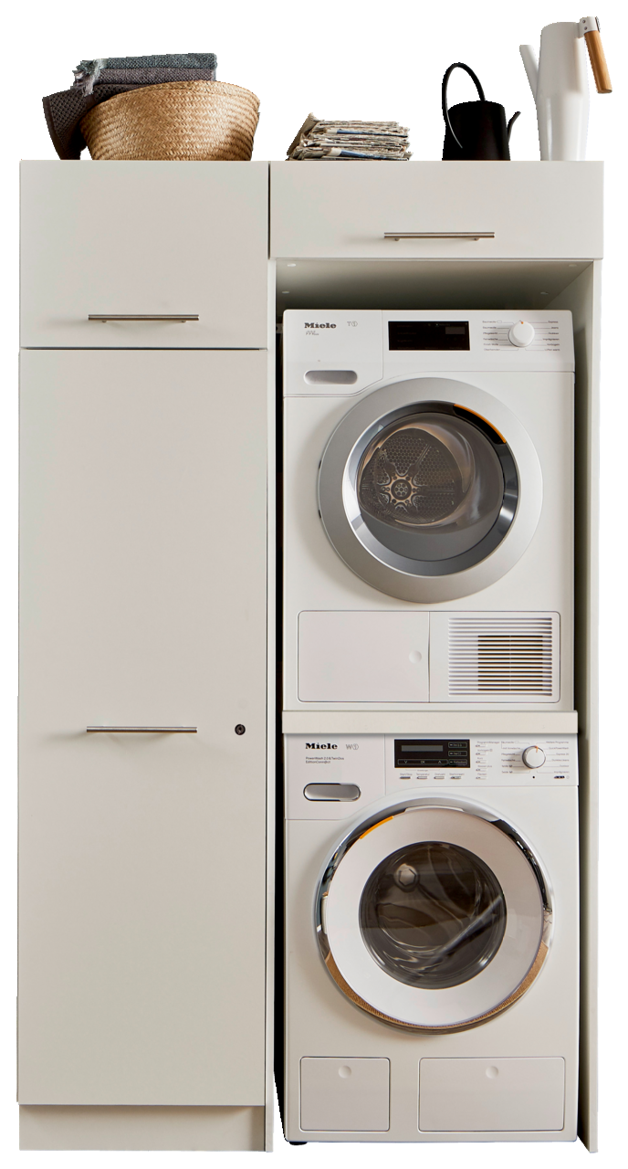 Hauswirtschaftsraum-Kombi mit Waschmaschine und Trockner von Miele, seitliche Perspektive