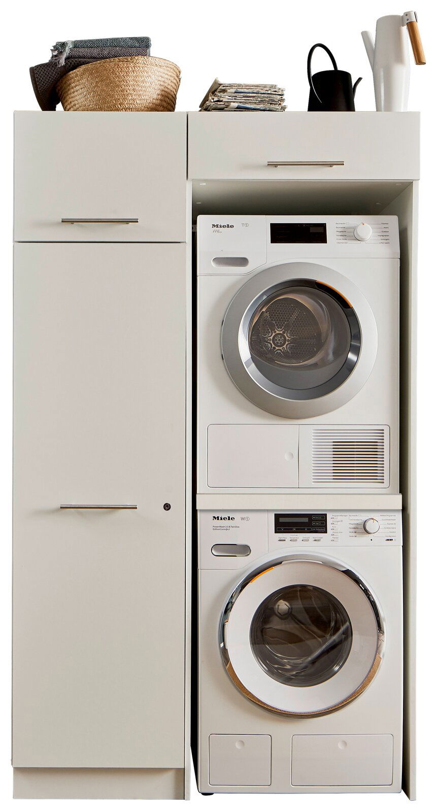 Hauswirtschaftsraum-Kombi mit Waschmaschine und Trockner von Miele, seitliche Perspektive