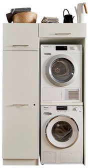 Combi-opstelling voor de bijkeuken met wasmachine en droger van Miele, zijaanzicht