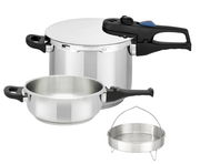 Schnellkochtopf-Set, bestehend aus einem großen und einem kleinen Topf mit schwarzen Griffen, einem Deckel mit Sicherheitsventil und einem Dampfgarer-Einsatz, seitliche Perspektive.