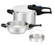 Set snelkookpannen, bestaande uit een grote en een kleine pan met zwarte handgrepen, een deksel met veiligheidsklep en een stoomkorf, zijaanzicht.