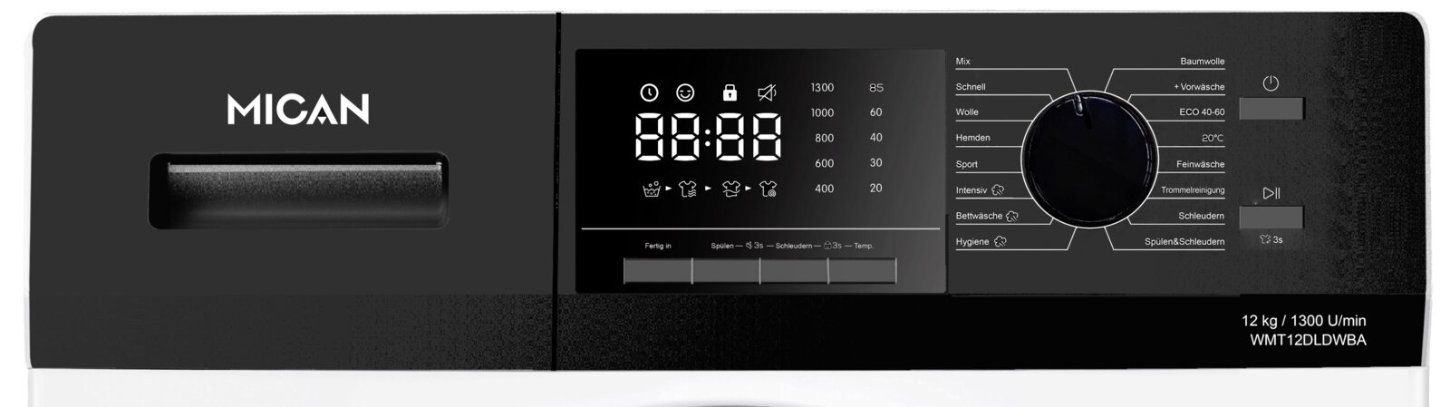 Frontansicht des MICAN Waschmaschinen-Bedienpanels in Schwarz mit digitalem Display, großem Programm-Drehknopf und Programmliste; 12 kg/1300 U/min, Modell WMT12DLDWBA