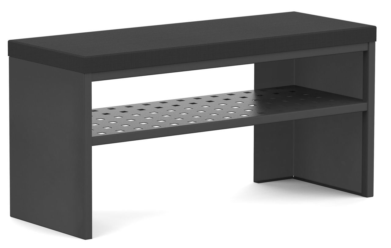 Schwarze Garderobenbank mit gepolsterter Sitzfläche und perforiertem Regalboden, seitliche Perspektive