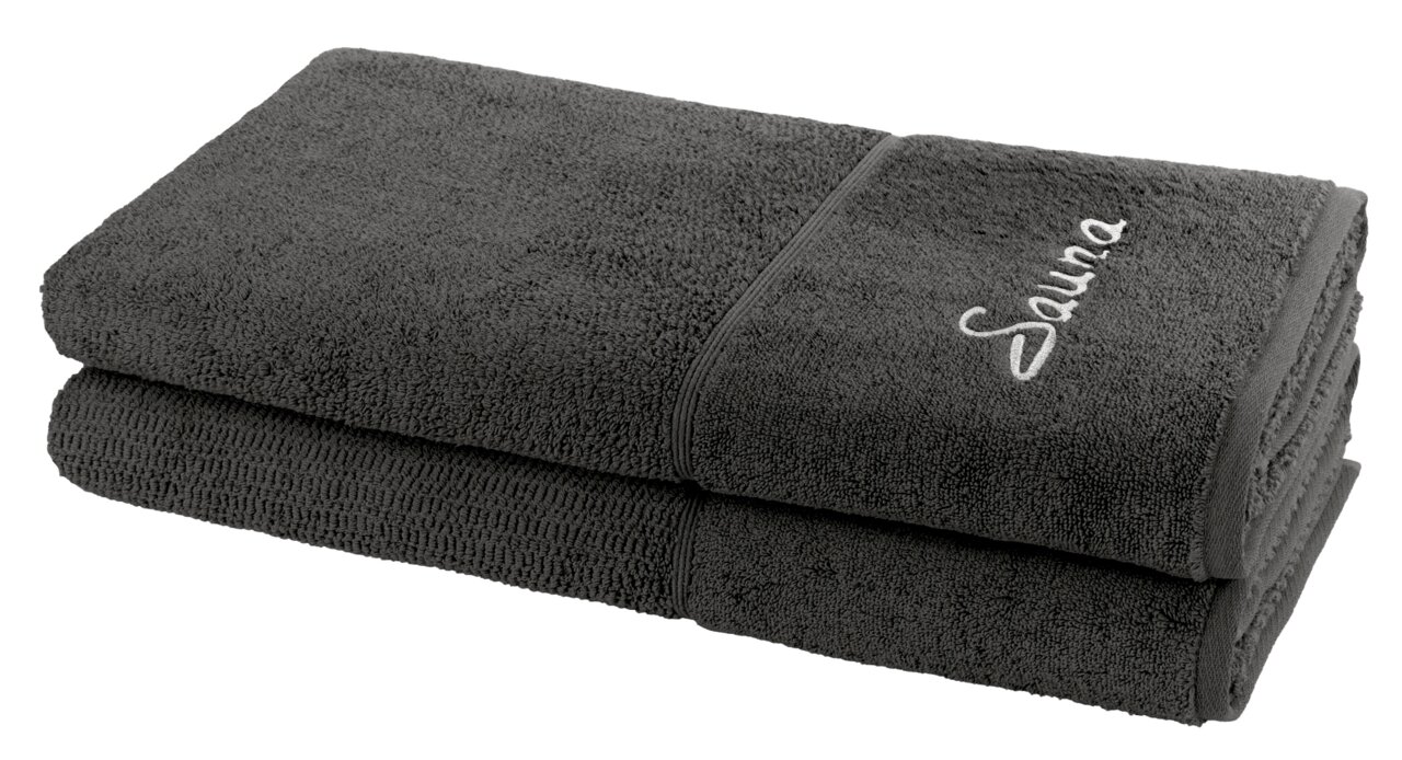 MÖVE Saunatuch 2er-Set PEARL Zwei graue Saunatücher im Set, gestapelt, mit gesticktem 'Sauna'-Schriftzug, seitliche Perspektive