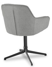 Rückansicht eines grauen Armlehnstuhls mit schwarzem Metallfußgestell