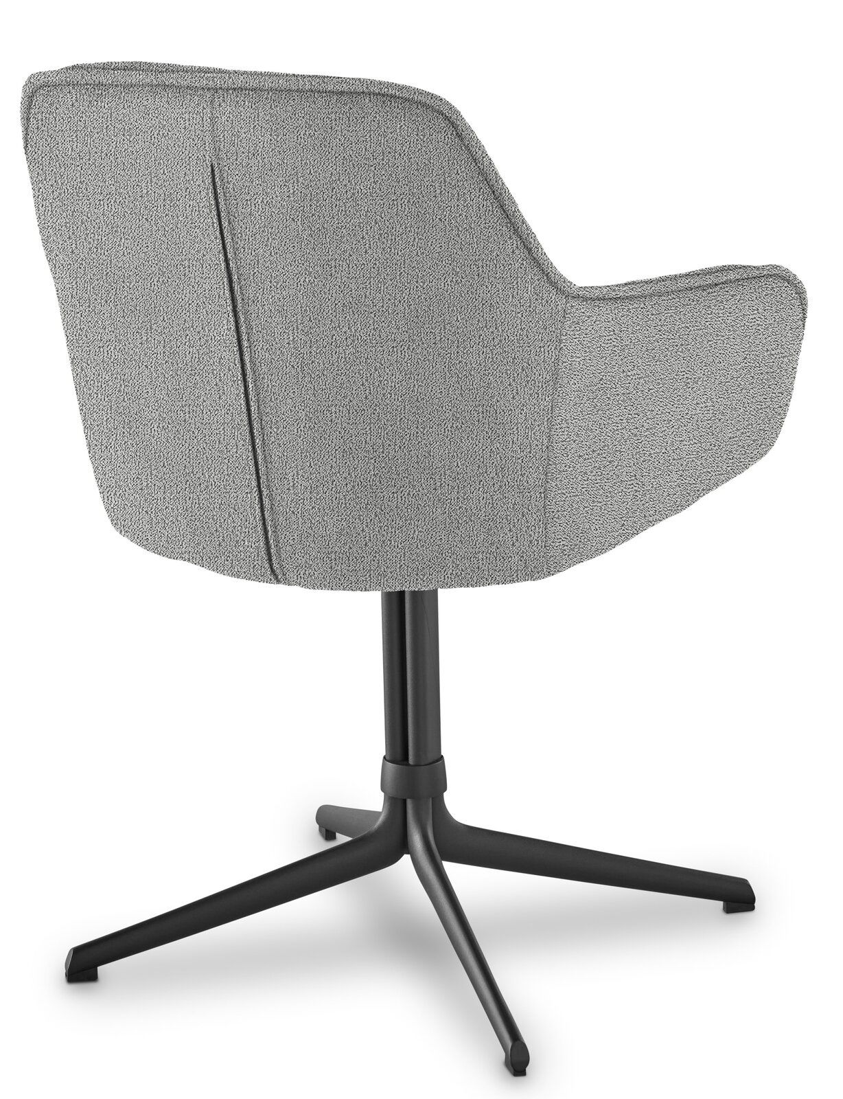 Rückansicht eines grauen Armlehnstuhls mit schwarzem Metallfußgestell