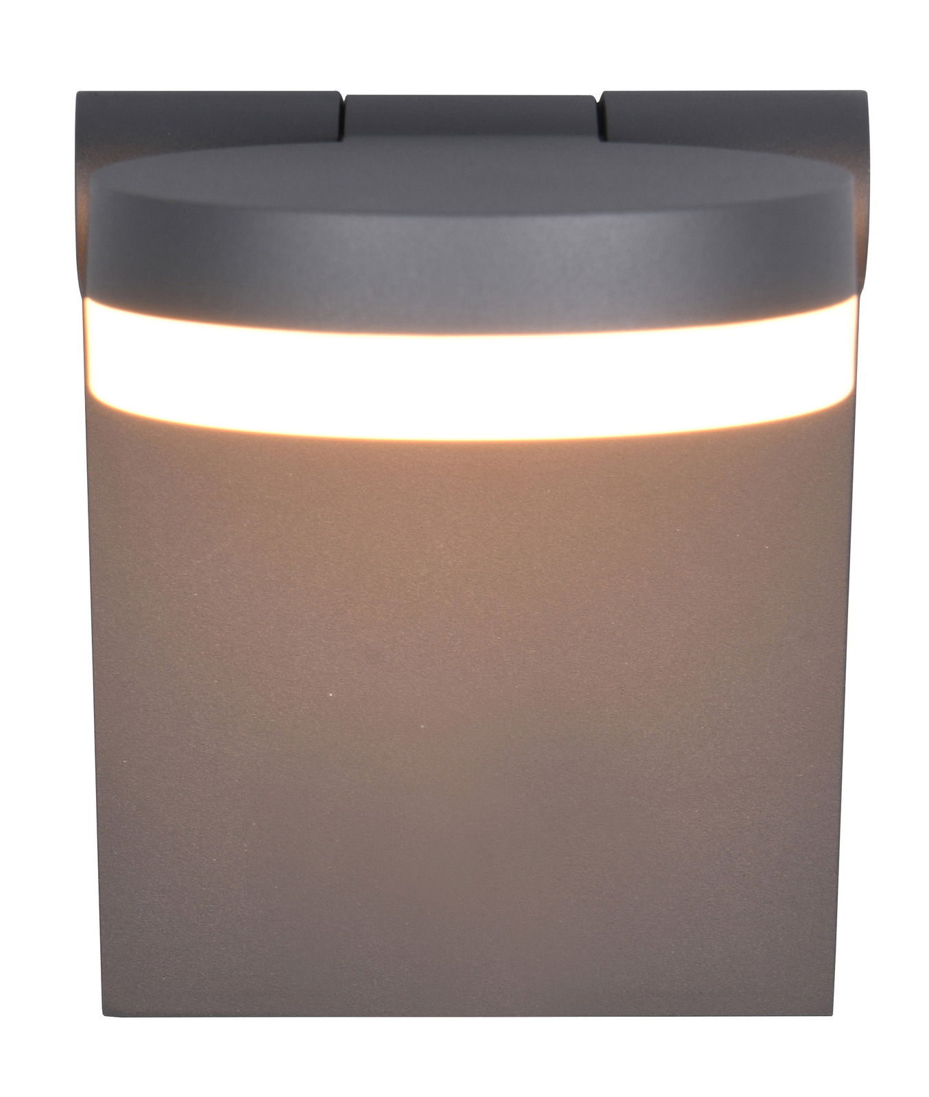 Moderne Wandleuchte ADOUR in dunklem Grau mit leuchtendem Lichtstreifen, frontale Ansicht.