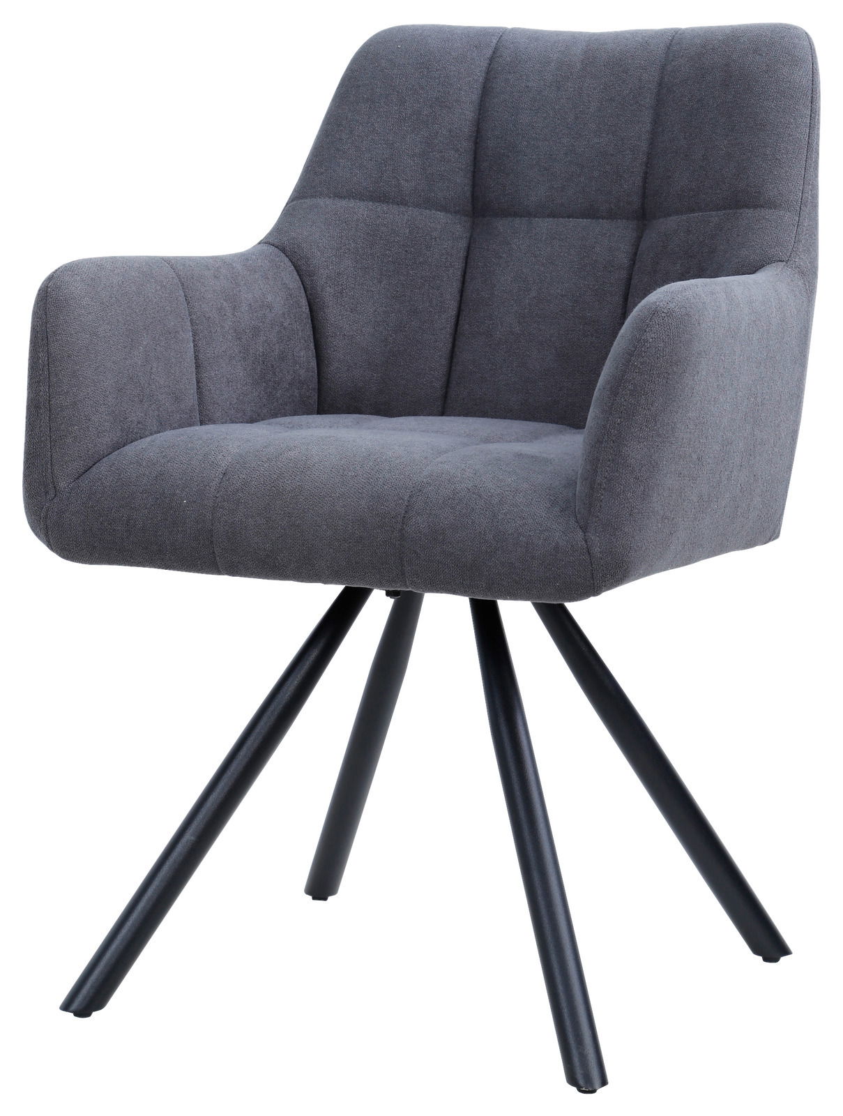 Grauer Armlehnstuhl mit gepolstertem Sitz und Rückenlehne, auf schwarzen Metallbeinen, seitliche Perspektive