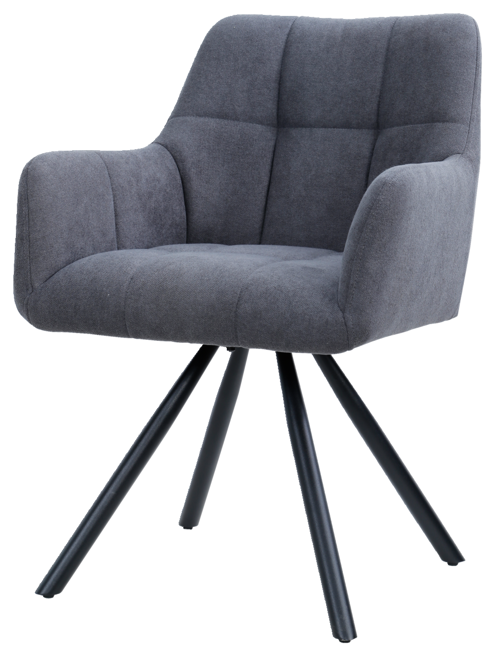 Grauer Armlehnstuhl mit gepolstertem Sitz und Rückenlehne, auf schwarzen Metallbeinen, seitliche Perspektive