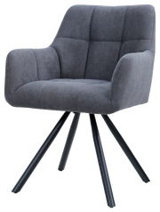 Grauer Armlehnstuhl mit gepolstertem Sitz und Rückenlehne, auf schwarzen Metallbeinen, seitliche Perspektive