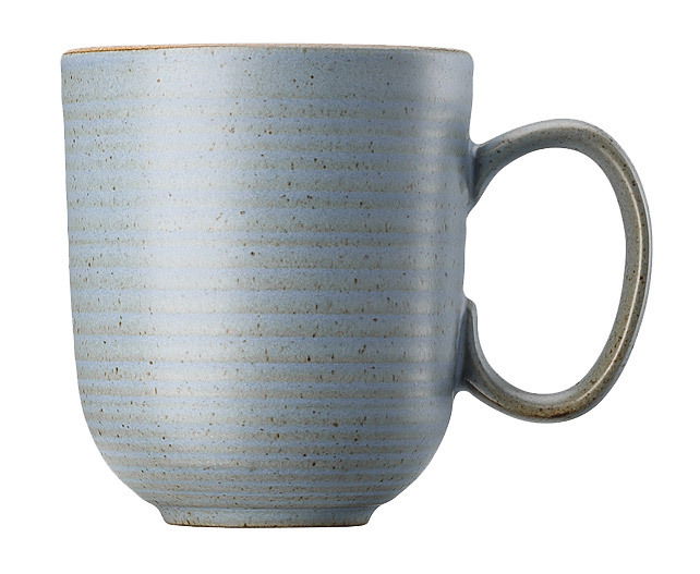 Thomas Kaffeebecher NATURE Keramikbecher mit Henkel in seitlicher Ansicht, hellblau mit feiner Streifenstruktur