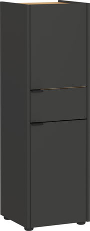 Schwarzer Schrank mit zwei Türen und einer Schublade, seitliche Perspektive