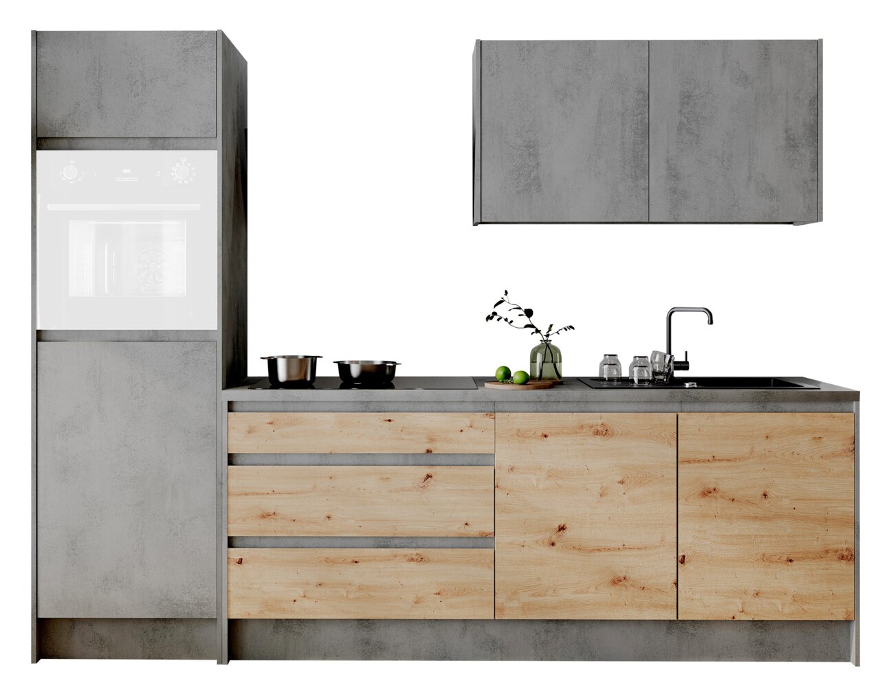 Yourkitchen Keukenblok 273 ZONDER elektrische apparaten TROJA Modern keukenblok in grijze en houtkleurige uitvoering, met ingebouwde oven, kookplaat en spoelbak, gezien van voren.