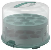 Tortenglocke XL 26 cm mit Tray, seitliche Perspektive, transparent mit grünem Griff und Einsatz für Muffins.