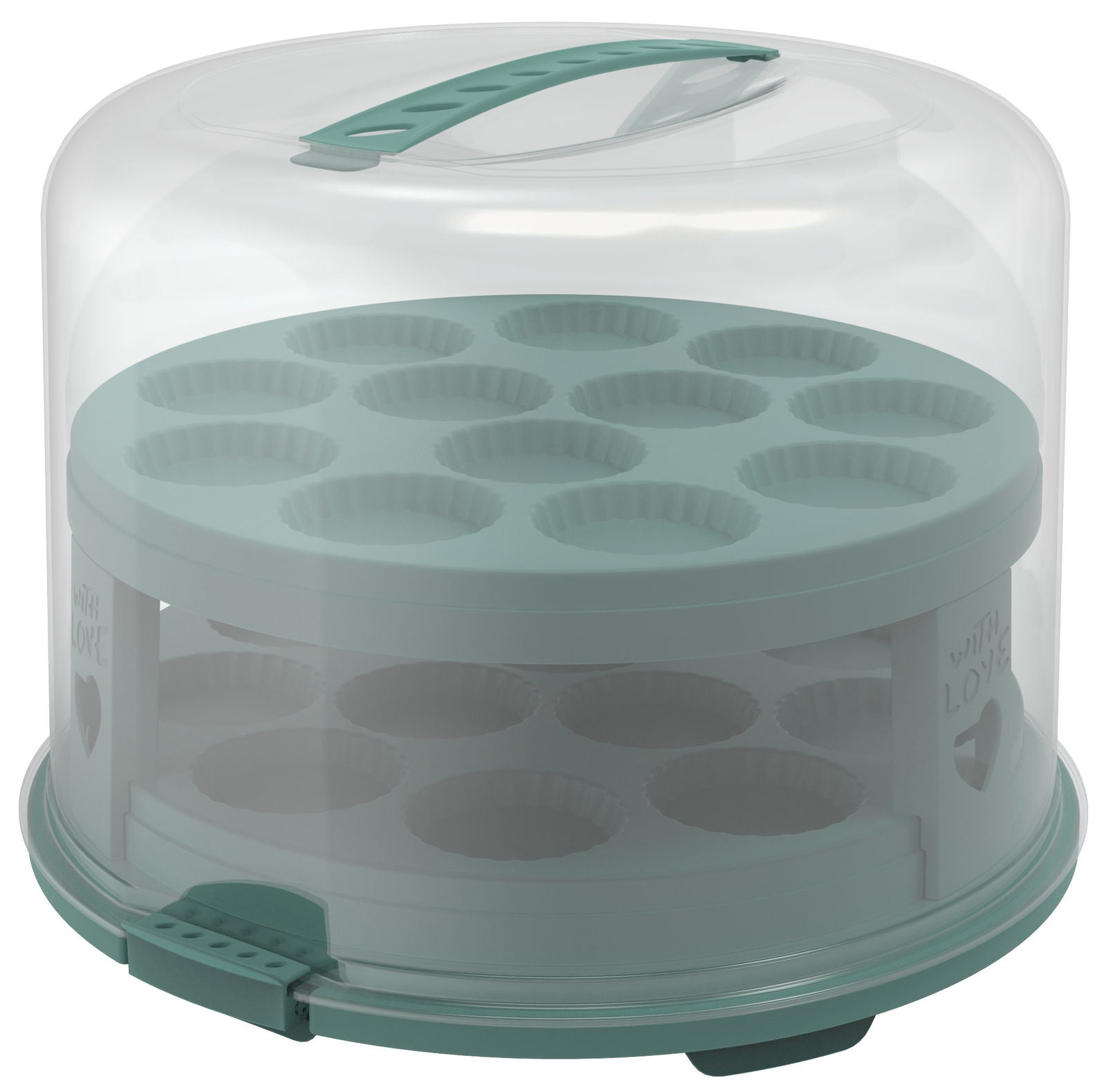 Tortenglocke XL 26 cm mit Tray, seitliche Perspektive, transparent mit grünem Griff und Einsatz für Muffins.