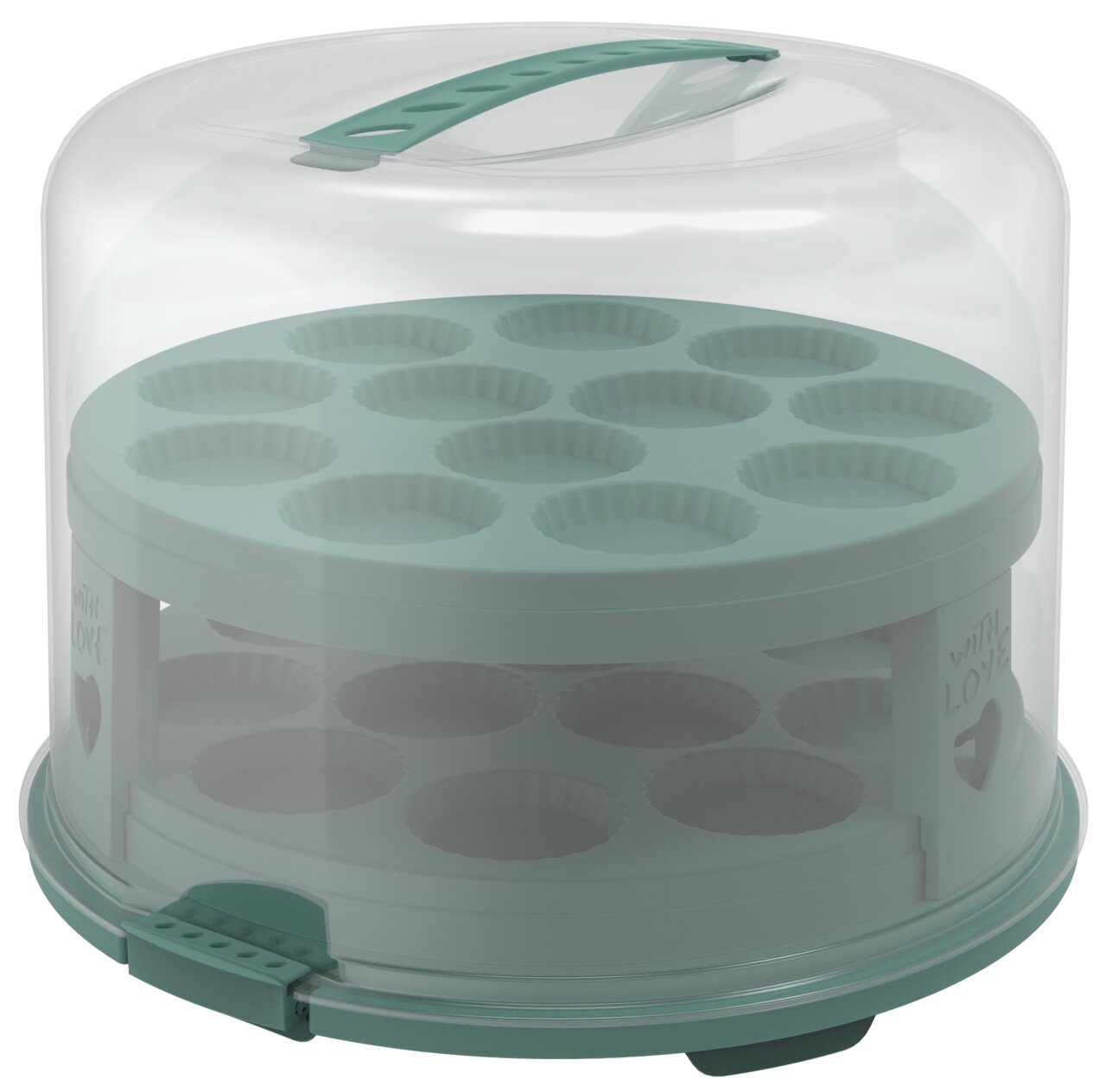 Tortenglocke XL 26 cm mit Tray, seitliche Perspektive, transparent mit grünem Griff und Einsatz für Muffins.