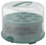 Tortenglocke XL 26 cm mit Tray, seitliche Perspektive, transparent mit grünem Griff und Einsatz für Muffins.