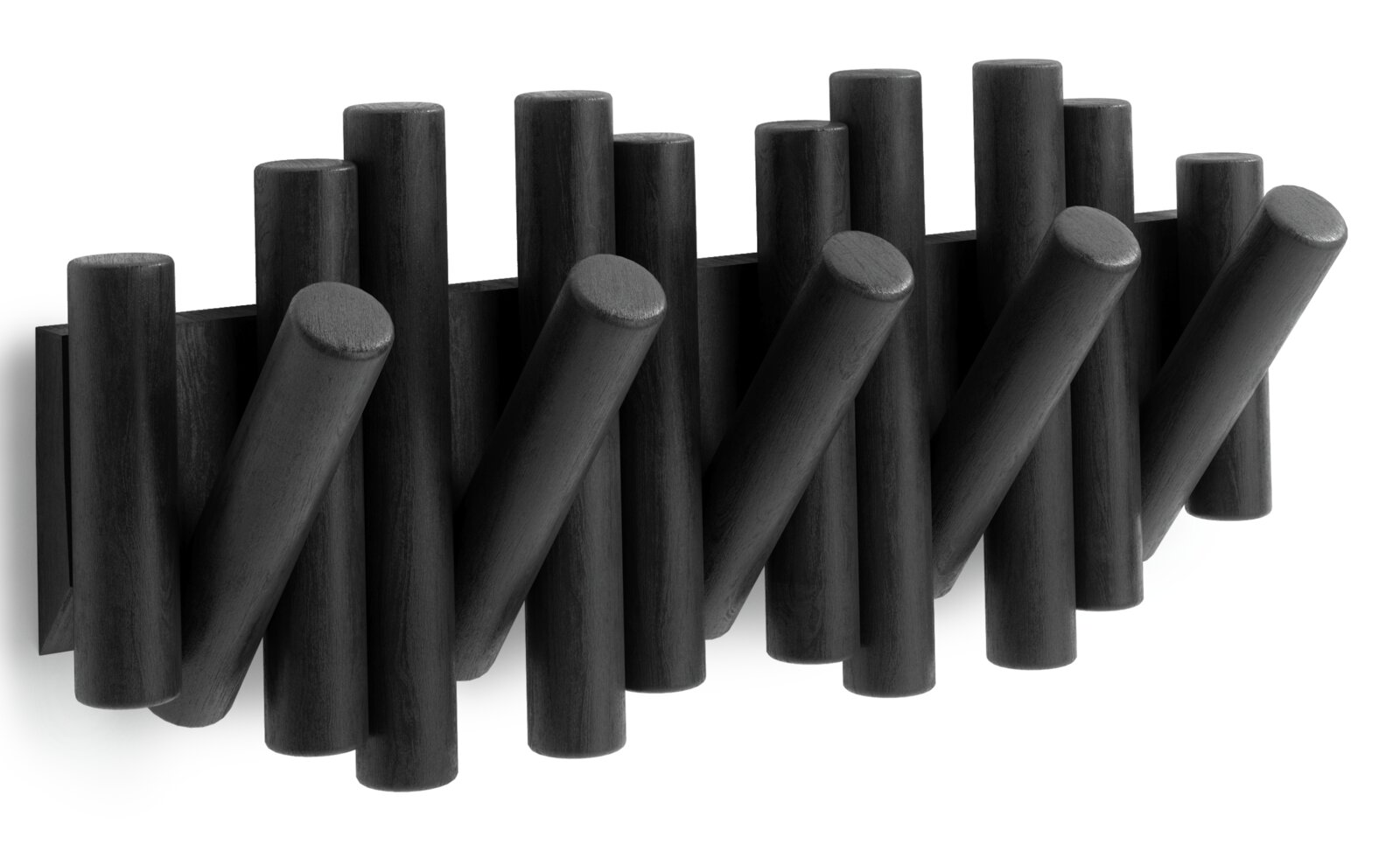 Umbra Wandgarderobe PICKET Moderne Wandgarderobe aus dunklem Holz mit zylindrischen Haken, seitliche Perspektive