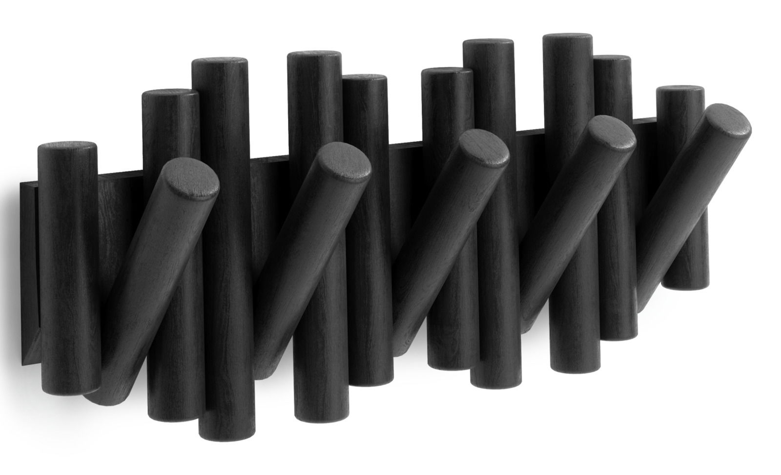 Moderne Wandgarderobe aus dunklem Holz mit zylindrischen Haken, seitliche Perspektive