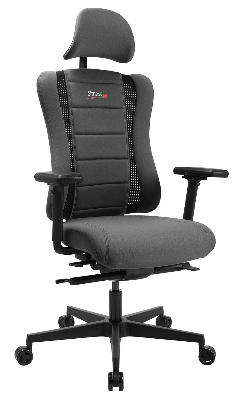 Ergonomischer Gaming-Stuhl SITNESS RS PRO in seitlicher Perspektive mit verstellbaren Armlehnen und Kopfstütze.