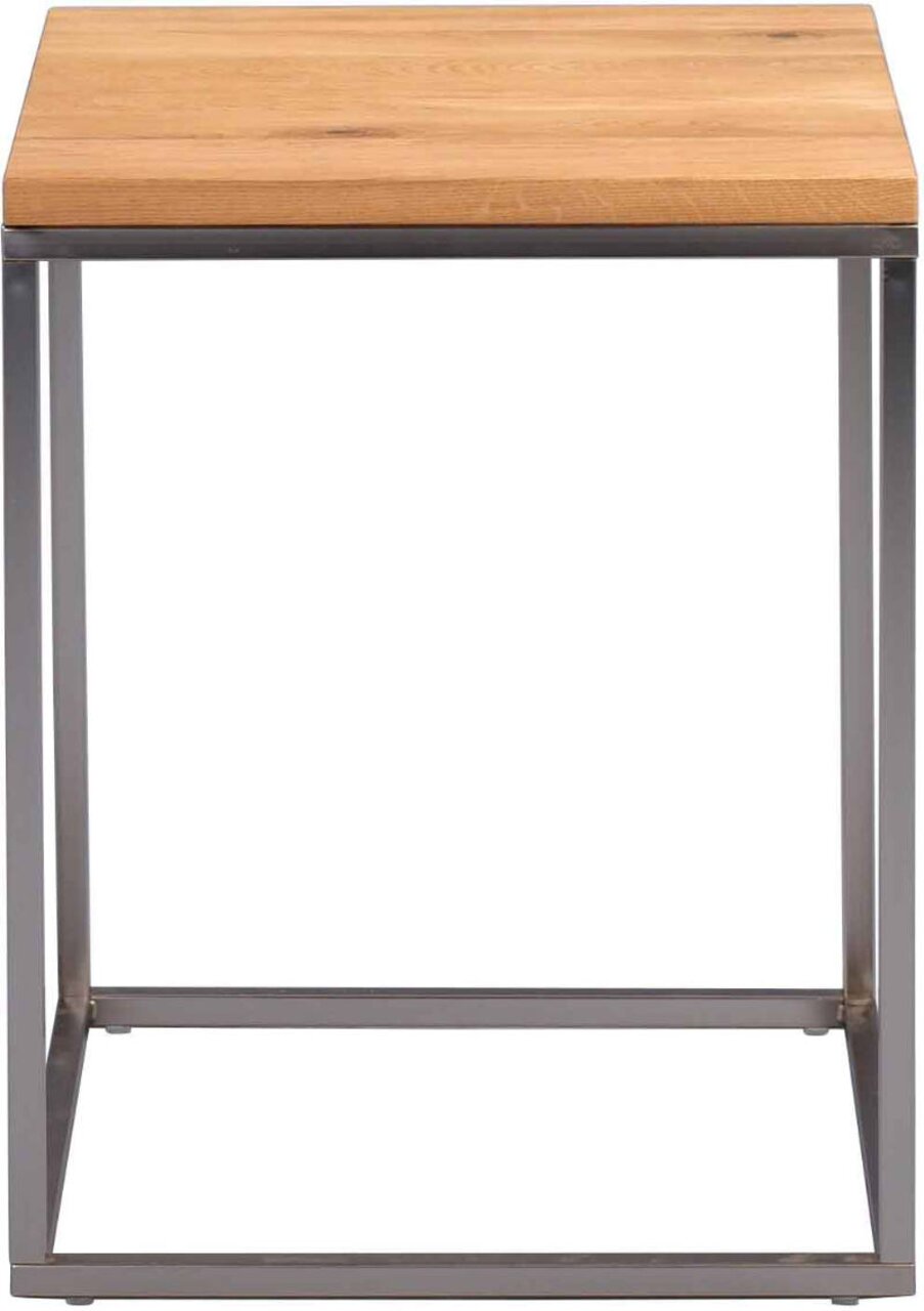 Moderner Beistelltisch mit Holzplatte und Metallgestell, Frontalansicht