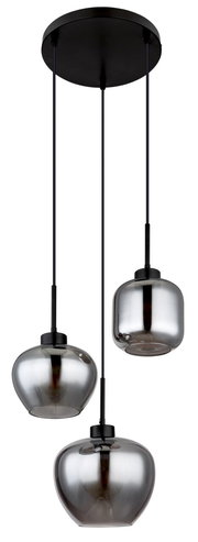 Moderne Hängeleuchte mit drei rauchgrauen Glaskugeln, von unten betrachtet.