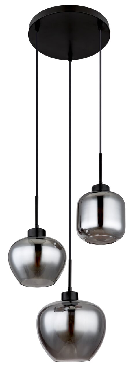 Moderne Hängeleuchte mit drei rauchgrauen Glaskugeln, von unten betrachtet.