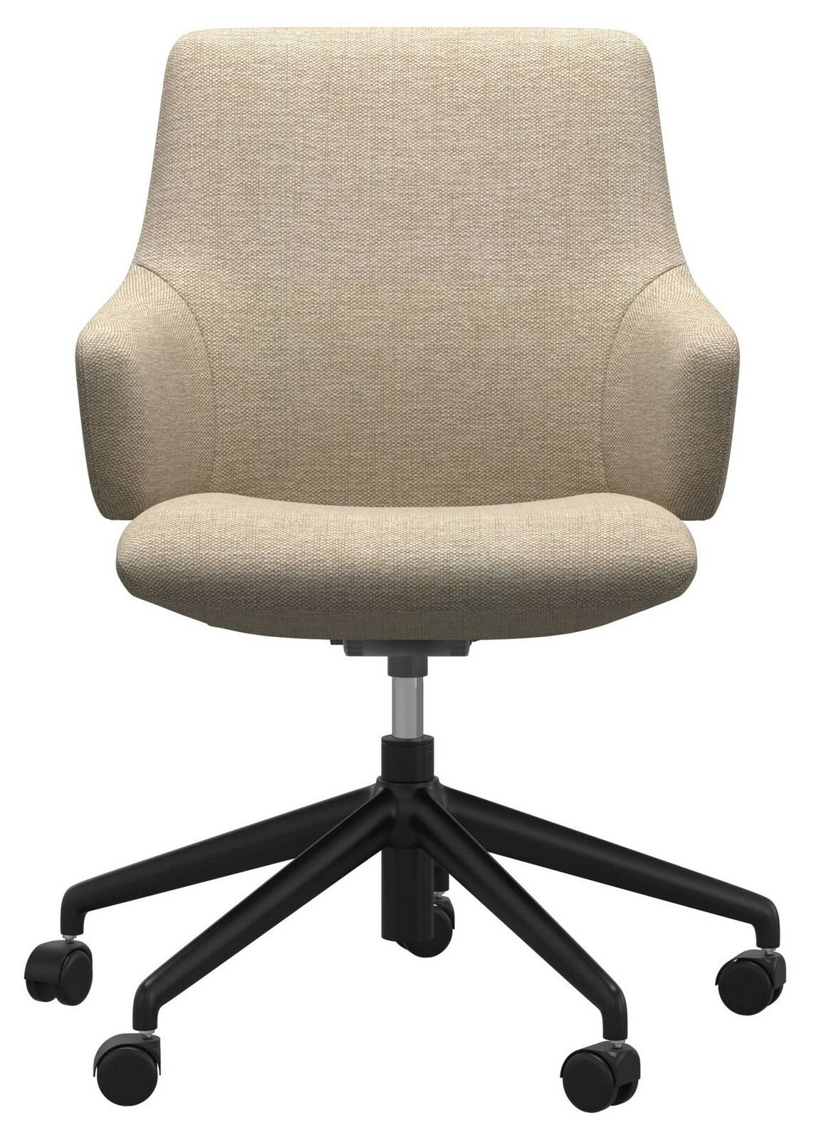 Beiger Home Office Sessel mit Armlehnen und schwarzem Drehfuß, Frontalansicht