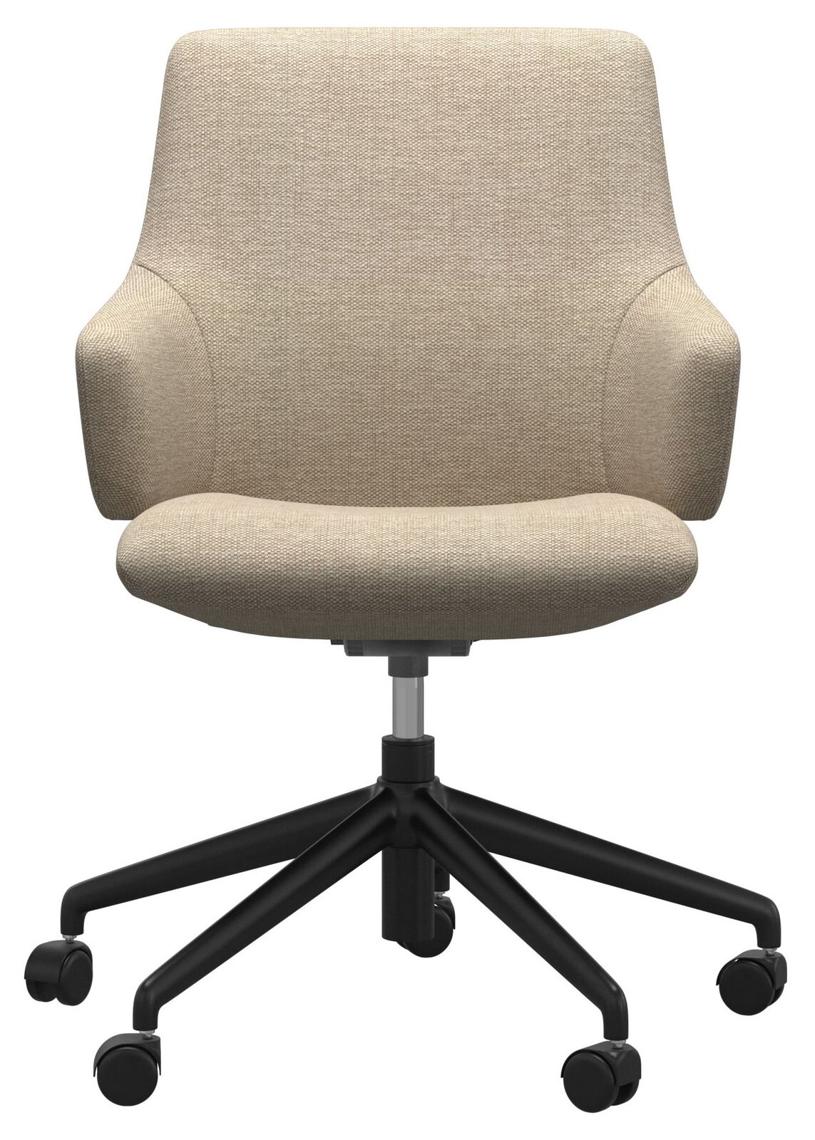Beiger Home Office Sessel mit Armlehnen und schwarzem Drehfuß, Frontalansicht