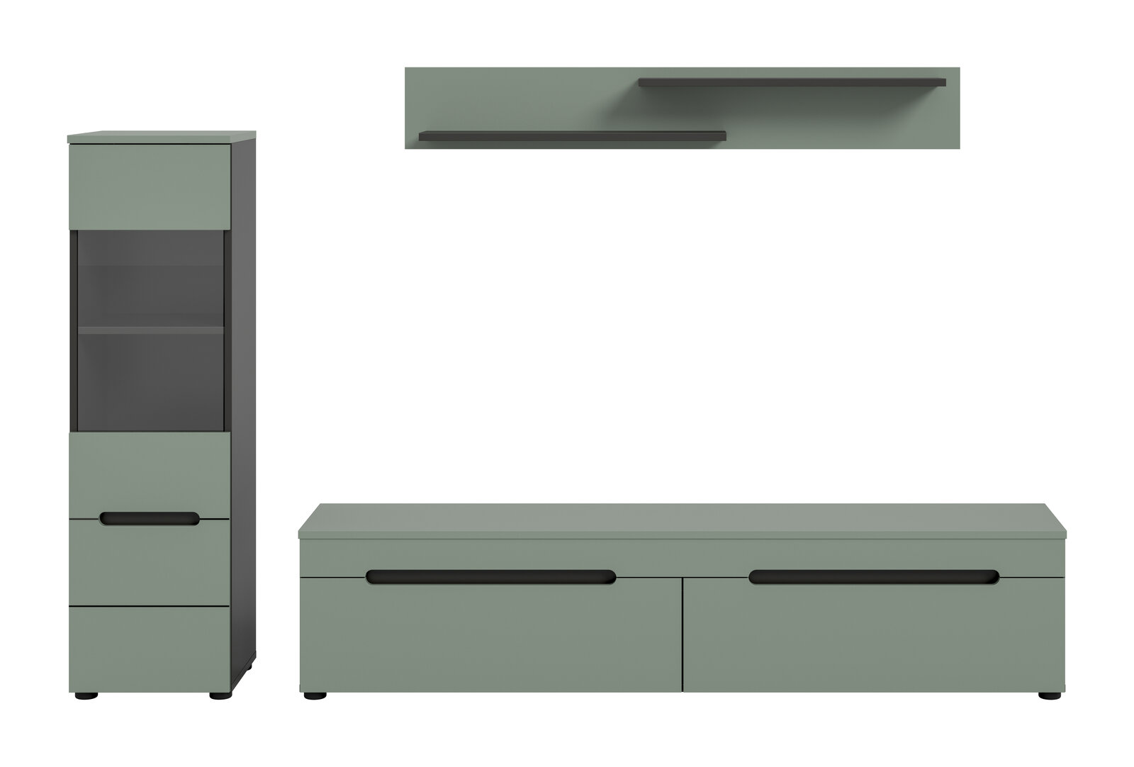 Modernes Wohnzimmermöbel-Set in Salbeigrün mit schwarzen Griffleisten: hoher Vitrinenschrank mit Glasfront, niedriges TV-Lowboard mit zwei Klappen sowie zwei Wandregale, dargestellt in Frontansicht