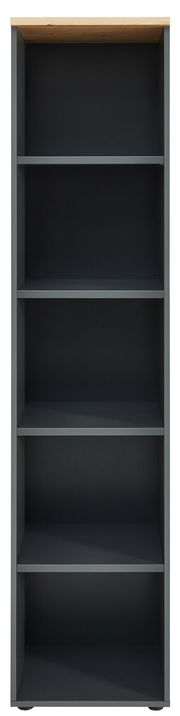 Schmales Regal mit fünf offenen Fächern, frontal fotografiert. Oberseite in Holzoptik, Korpus in dunklem Grau.