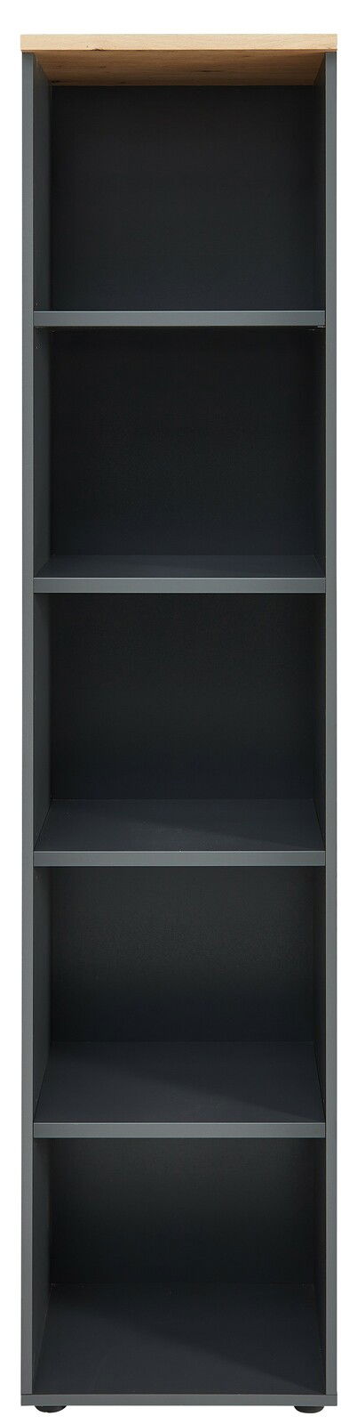 Schmales Regal mit fünf offenen Fächern, frontal fotografiert. Oberseite in Holzoptik, Korpus in dunklem Grau.