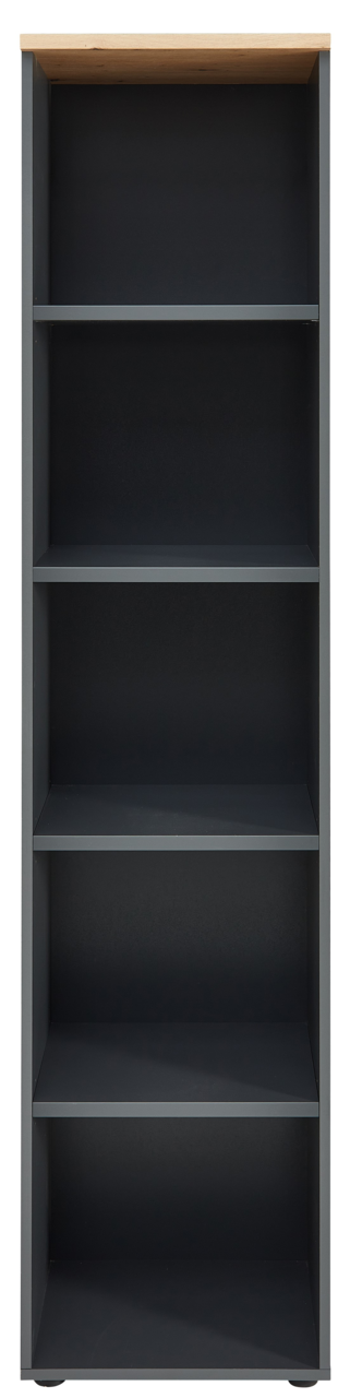 Schmales Regal mit fünf offenen Fächern, frontal fotografiert. Oberseite in Holzoptik, Korpus in dunklem Grau.