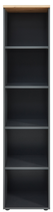 Schmales Regal mit fünf offenen Fächern, frontal fotografiert. Oberseite in Holzoptik, Korpus in dunklem Grau.