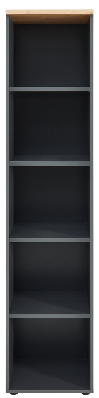 Schmales Regal mit fünf offenen Fächern, frontal fotografiert. Oberseite in Holzoptik, Korpus in dunklem Grau.