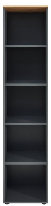Schmales Regal mit fünf offenen Fächern, frontal fotografiert. Oberseite in Holzoptik, Korpus in dunklem Grau.