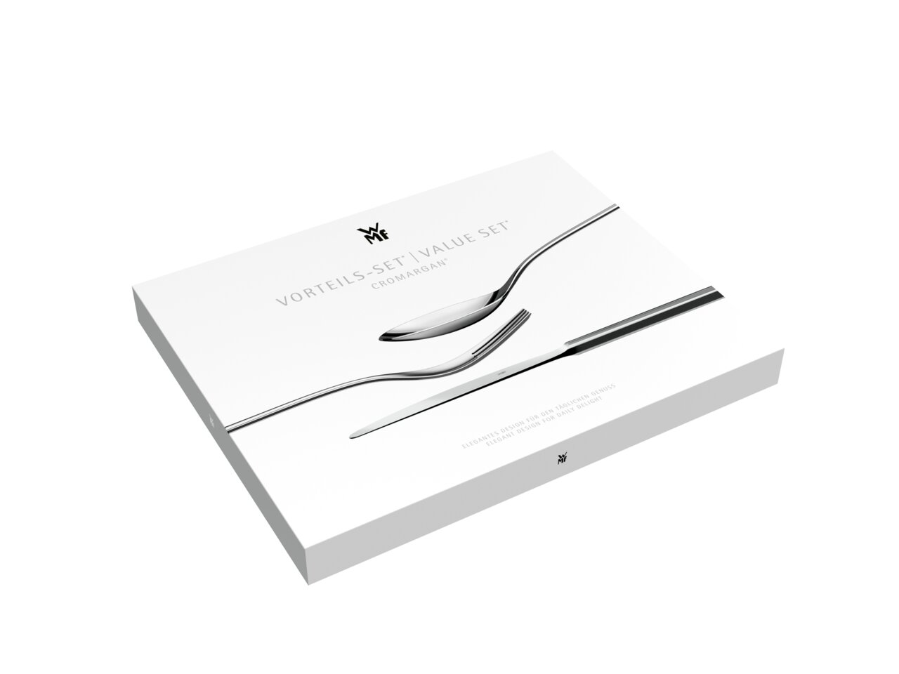 Verpackung des Vorteils-Sets 'Silk' 60-teilig von WMF, perspektivisch von oben fotografiert, zeigt elegantes Besteckdesign.