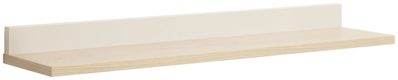 Wandregal aus hellem Holz mit cremefarbener Rückwand, seitliche Perspektive