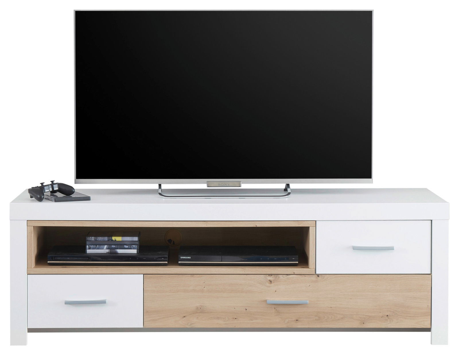 TV-Element in moderner Holz- und Weißoptik mit Schubladen und offenen Fächern, frontal betrachtet.