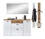 Moderne Hänge-Garderobenkombination in Weiß und Holzoptik mit Spiegel, Schrank und Kleiderhaken, frontal abgebildet.