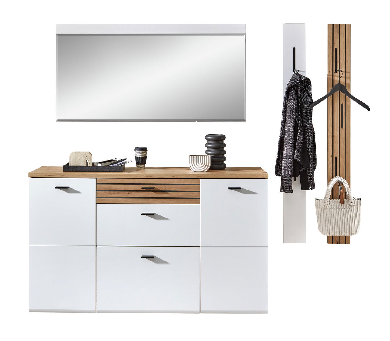 Novel Hänge-Garderobenkombi Set 82 FRESNO Moderne Hänge-Garderobenkombination in Weiß und Holzoptik mit Spiegel, Schrank und Kleiderhaken, frontal abgebildet.