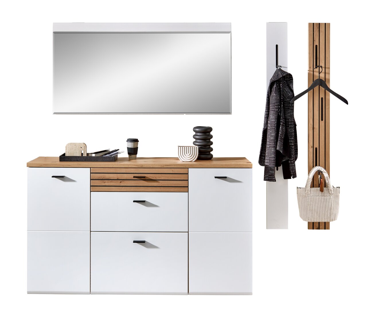 Moderne Hänge-Garderobenkombination in Weiß und Holzoptik mit Spiegel, Schrank und Kleiderhaken, frontal abgebildet.