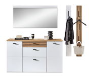 Moderne Hänge-Garderobenkombination in Weiß und Holzoptik mit Spiegel, Schrank und Kleiderhaken, frontal abgebildet.