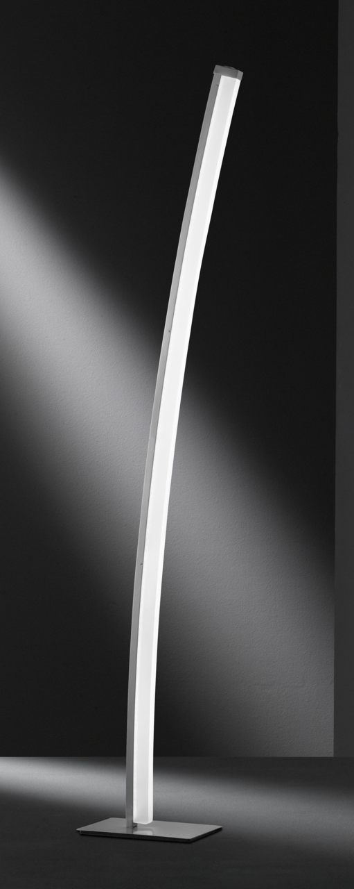 Moderne LED-Stehleuchte mit gebogenem Design, seitliche Perspektive