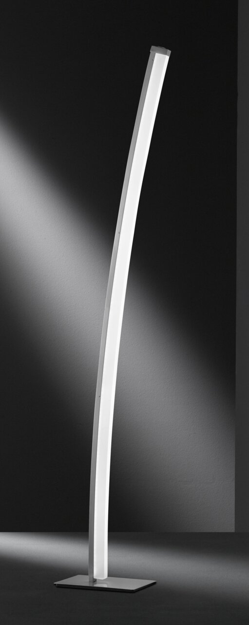 Moderne LED-Stehleuchte mit gebogenem Design, seitliche Perspektive