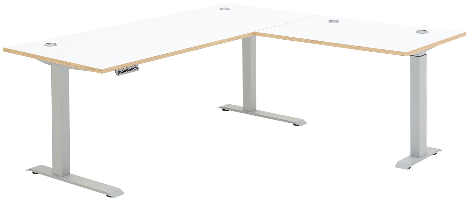 Voleo E-Eckschreibtisch DETROIT Moderner weißer E-Eckschreibtisch mit höhenverstellbaren Beinen, seitliche Perspektive
